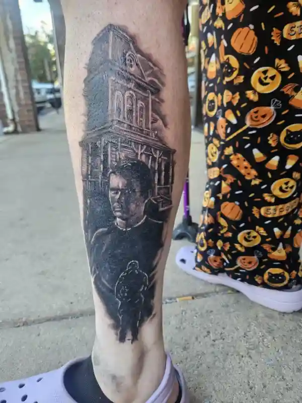 Full cover-up tattoo blending several old tattoos into one custom design
