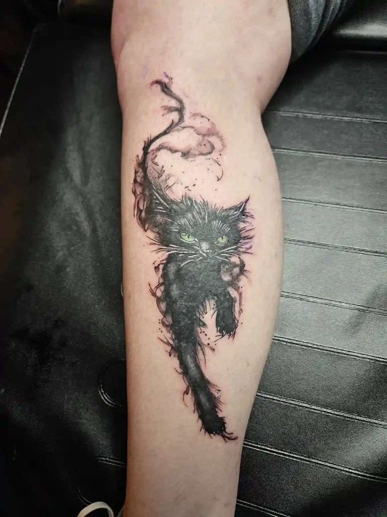 Cover-up tattoo on calf reworking old artwork with darker shading and new linework