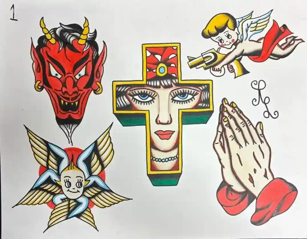 Traditional flash tattoo sheet featuring a red devil mask, cross, praying hands, and cherub artwork by Tainted Flesh Body Art North
