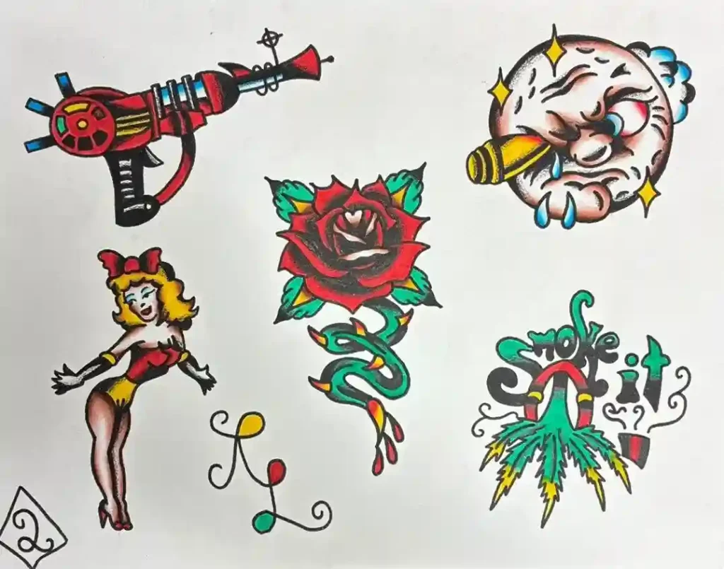 American traditional flash tattoo designs including a rose, ray gun, crying moon, pin-up girl, and dagger artwork