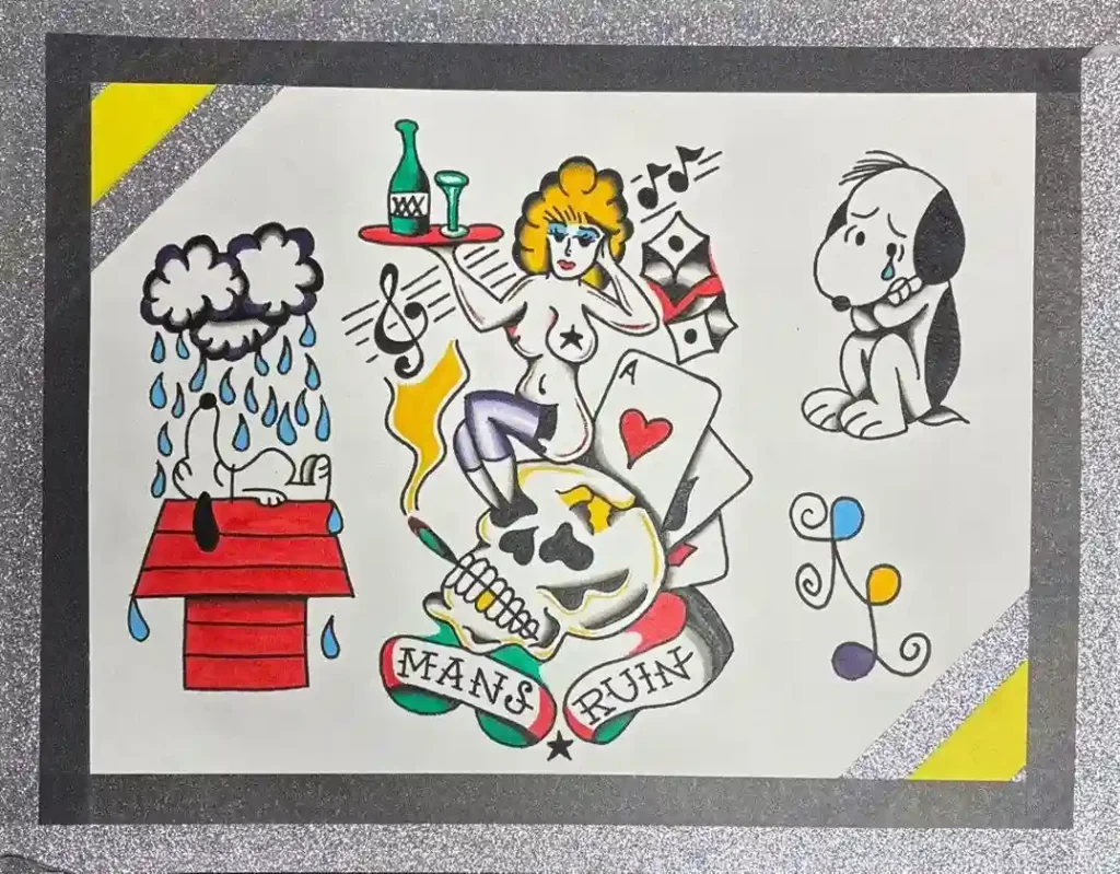 Vintage flash tattoo sheet with skull, Snoopy, playing card pin-up, doghouse, and classic tattoo designs