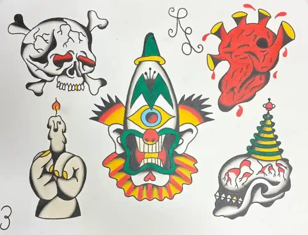 Traditional flash tattoo artwork featuring a skull, clown face, devil heart, candle hand, and snake design