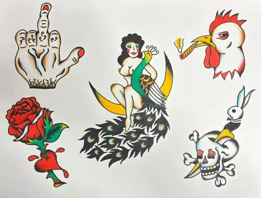 Flash tattoo sheet with pin-up girl, rose, rooster head, skull and bunny design, and skeleton hand artwork