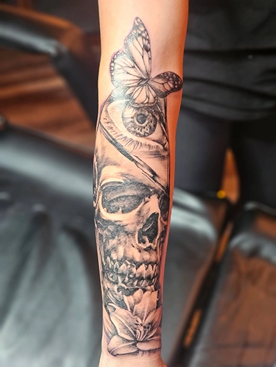 Large vibrant color tattoo on back combining custom art and bold outlines
