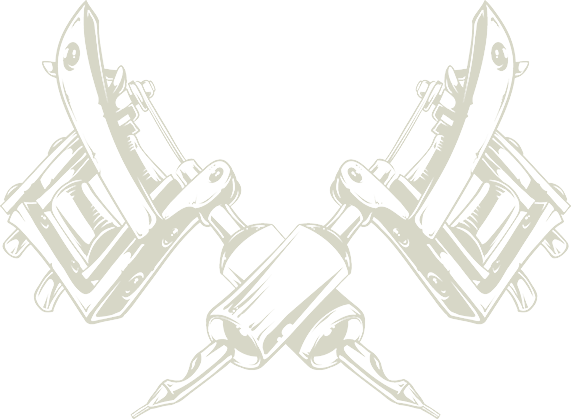 Faded illustration of two crossed traditional tattoo machines forming a symmetrical logo-style graphic on a light background