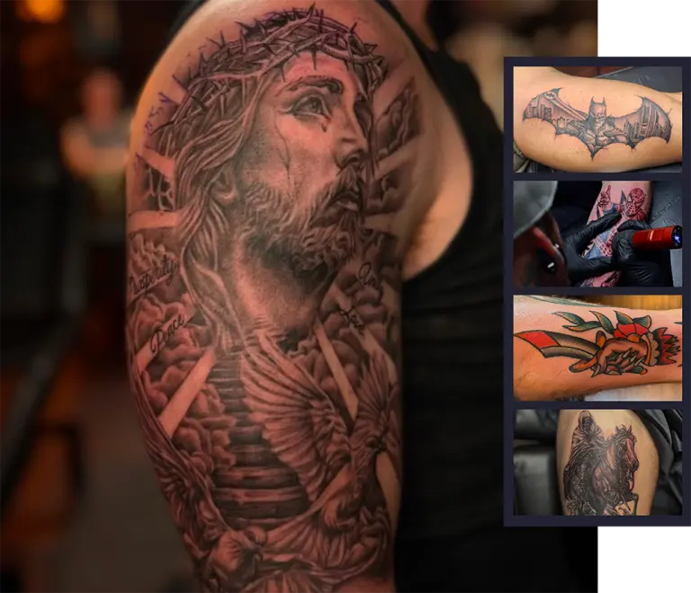 Collage of custom tattoo designs completed at Tainted Flesh Body Art North Wilmington, DE