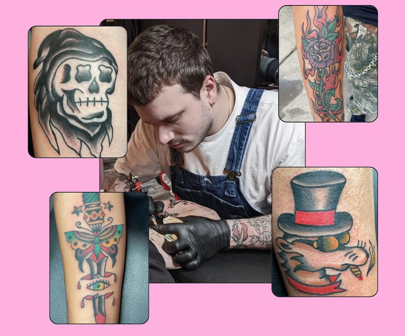 Tattoo artist Richie Long tattooing a client, surrounded by his American traditional reaper, rose, dagger, and top hat tattoos