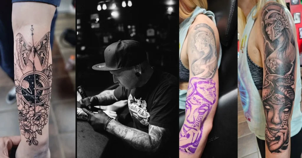 Louis Sonnekus moth forearm tattoo and Medusa sleeve extension, stencil to finished