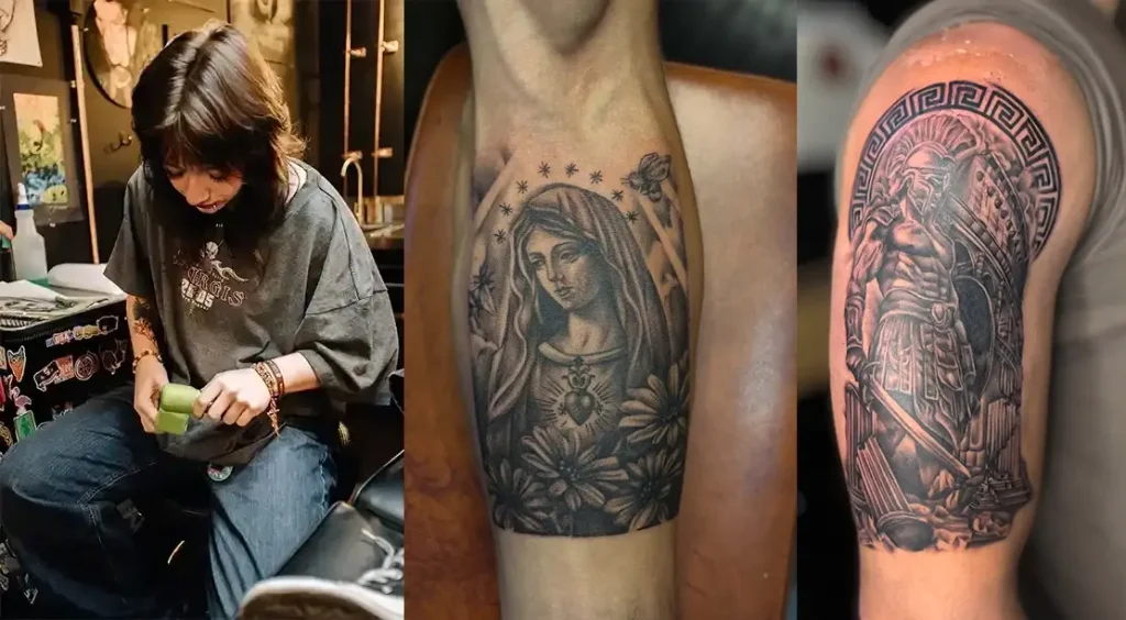 Female Tattoo artist preparing her station at a Wilmington, DE studio, beside black and gray Virgin Mary and Spartan warrior tattoos